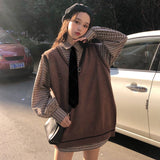 2 Piece Sweater Set Women Vintage Knitted Vest and Tie Korean Fashion Autumn Oversized Long Sleeve Harajuku Plaid