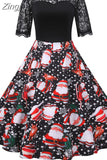 Women's Christmas Dress Short Sleeve Lace Santa Claus Print High Waist Elegant Vintage Winter Xmas Party