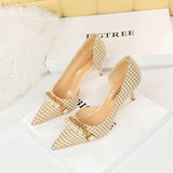 Zingj Korean Version With High Heel Shallow Mouth Pointed Head Side Hollow Cloth Plaid Grain Pearl Metal Chain Thousand Bird Case Single