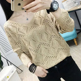 Zingj 2023 New Women's Loose V-Neck Hollowed-Out Thin Top Burst Sweater Knit Bottom Bat Shirt-Outfit