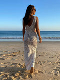 Crochet Hollow Out Knitted Slim Maxi Dress Women Sexy V-neck Backless Sleeveless Robe 2024 Summer Lady Fashion