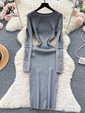 2023 Autumn Knitted Chic Dress O Neck Hollow Out Long Sleeves Bows Decoration Solid Women Slim Fit Bodycon Party