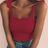 Autumn Tube 2020 New Crop top Women Bow Tie Strap Ruched tank Top Lettuce Edge Elastic Camis 17