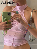 90s Aesthetics Sexy Patchwork Ruched Halter Top Y2K Vintage Backless Lace Up Sleeveless Pink Mesh Party Tanks Summer