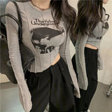 Sexy T-shirt Slim Grunge Letters Print Tee Tops Elastic T-shirt For Women O Neck Long Sleeve Crop Tops Y2k Tops