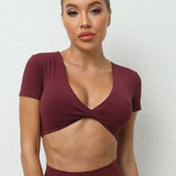 V-neck Sporty T-Shirts Women Sportswear Gym Sport Shirts Short Sleeve Top for Fitness Workout Clothing Female Yoga Crop