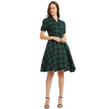 Summer Green Plaid Hepburn Rockabilly Dress NO Belt England Style Office OL Chic 50s 60s Retro Vintage Casual