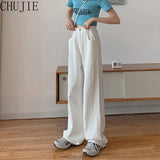 White Loose High Waist Wide Leg Pants Women's Jeans New Pockets Full Length Long Mopping Pants Female Casual Vaqueros