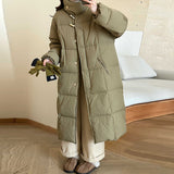 East Gate Korean Horn Buckle Long Down Jacket Female 2024 Winter Temperament Over The Knee And Thick White Duck Velvet Coat Tide-Outfit