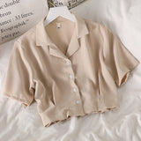 Women Notched Crop Top Simple New Summer Ladies All-match Chic Elegant Ulzzang Harajuku Fashion Solid Chiffon Design
