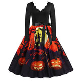 Midi Women Halloween Dress Autumn Winter Vintage Printed V-Neck Long Sleeve Swing Party Festival Sundress S~3XL