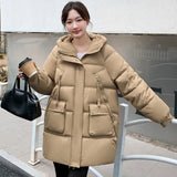 Medium And Long Down Cotton Jacket Women's Winter New Style Fashion Casual Loose Hat Joker Bread Clothes Padded Clothes-Outfit