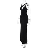 One Shoulder Deep Neck Open Back Black Maxi Dress- Outfit