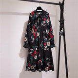 Women Casual Summer Dress Lady Korean Style Vintage Floral Printed Chiffon Shirt Dress Long Sleeve Bow Midi Summer Dress