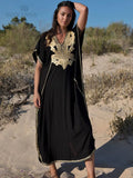 Vintage Embroidery Kaftan Sexy V-neck Batwing Sleeve High Waist Maxi Dress Tunic Women Clothing Summer Beach Dresses