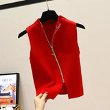 Summer Spring zipper Knit Tank Top Cami Korean Camisole Elastic Vest O Neck Solid Color New Slim Breathable Tops