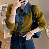 Zingj And Winter Women's Clothes Fake Two POLO Collar Short Jacket Denim Shirt Collar Stitching Knit Cardigan Sweater Coat-Outfit
