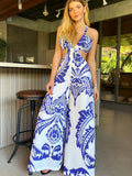 New Summer Solid Women Jumpsuit Sleeveless O-neck Naked Waist Wide Leg Long Pant Bodysuit Fashion Fit Casual