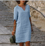 Cotton Linen Small V-neck Stitching Retro Basic Model Solid Color Three-quarter Sleeve