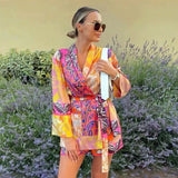 Casual Printed Women Long Blouse With Belt Loose Shirt High Waist Kimono Summer Shorts 2 pieces Optional Set