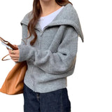 Zingj Lazy Wind Big Lapel Cardigan Zipper Jacket Women's Autumn And Winter New Wide Soft Waxy Sweater Top-Outfit
