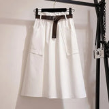 Knee Length Summer Autumn Skirt Women No Belt Casual Cotton Solid High Waist Sun School Skirt