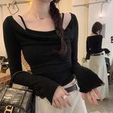 Two-Piece Suspender Collar Shoulder Fold Shoulder Long-Sleeved T-Shirt Women's Early Autumn New Korean Style