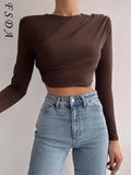 O Neck 2021 Brown Crop Top Women Ruched 90s Y2K Basic Autumn Winter Casual Black Long Sleeve T Shirts Sexy