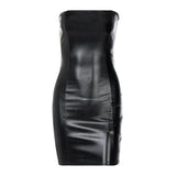 Women Summer Sexy Party Strapless Bodycon Pu Leather Slim Package Hip Black Mini Dress Sundress 2021 Female