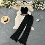 Zingj Seaside Vacation Set Women's Summer Knit Tassel Hanging Neck Top High-Waisted Hollowed-Out Trousers Two-Piece