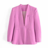 Solid Casual Women Suit Blazer Jacket Office Lady Double Pocket Cardigan Simple Coat Elegant Chic Streetwear