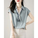 Summer New Color Removable Bow Tie French Commuting Shirt With Shoulder Short-Sleeved V-Neck Collar Collar Shirt