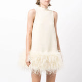 Zingj Sense Ostrich Hair Splicing Lady A-Line Dress 2024 Summer New Sleeveless Solid Color