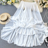 White Fairy Chiffon Dress Summer Sexy Off Shoulder Maxi Dress Puff Sleeve Beach Party Dress Vintage Boho Ladies
