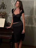 Black Polka Dot Patchwork Top And Midi Skirt Set- Outfit