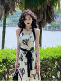 New Women Spaghetti Strap Midi Elegant Print Dress Sleeveless Party Beach Sexy Vestidos One Piece