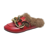 Real Fur Metal Chain Mules Women Shoes Loafers Round Toe Casual Shoes Women Furry Slides Fluffy Hairy Flip