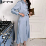 Spring Summer Satin Shirt Dress for Women 2021 Elegant Full Sleeve Single-breasted Lace-up Female Midi Dress