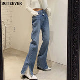 Casual Asymmetric High Waist Straight Jeans for Women Side Split Denim Blue Jeans Trousers Female Long Pantalon