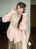 Pink Jacquard Bow Knitted Cardigan- Outfit