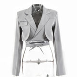 Gray Double Layer Bandage Slim Blazer Women Long Sleeve Pocket Short Jacket Female Notched Collar Outwear Tops 2021
