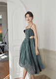 Green Polka Dot Tulle Fairy Dress Spaghetti Strap Backless Cut Out Evening Gowns For Women Summer Ladies Long