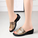 Women Slippers Shoes Genuine Leather Slip on Outside Slides Ladies Fashion Wedges Summer Beach thick sole Flip