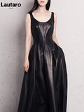 Spring Fit and Flare Soft Faux Leather Dress Elegant Luxury Red Maxi Dresses for Women 2023 long Retro Fashion