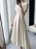 New Elegant Midi Dress For Women Solid Femme Fashion A Line Lady Party Clothing