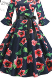 Print Vintage Dress Christmas Dress Women Winter Elegant Party Dresses Petal Sleeve Casual Midi