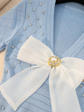 Summer New Knitted Dress Women V-neck Short Sleeve Single-Breasted Bow Beaded Diamonds Dress High Waist Slimming Mini