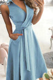 Women Summer Long Dress Short Sleeve V Neck Solid Vintage Elegant Chic Shirt Dress With Belt Office Ladies Party