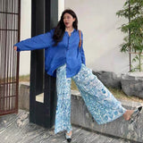 Folded Broad Leg Pants Women 2025 Summer New Design Folding Printing Leisure Pants Loose Feeling Loose