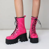 Platform Ankle Boots Fashion Patent Leather Women Chunky High Heel Goth Boots Autumn Winter Lacing Woman Shoes Size 42